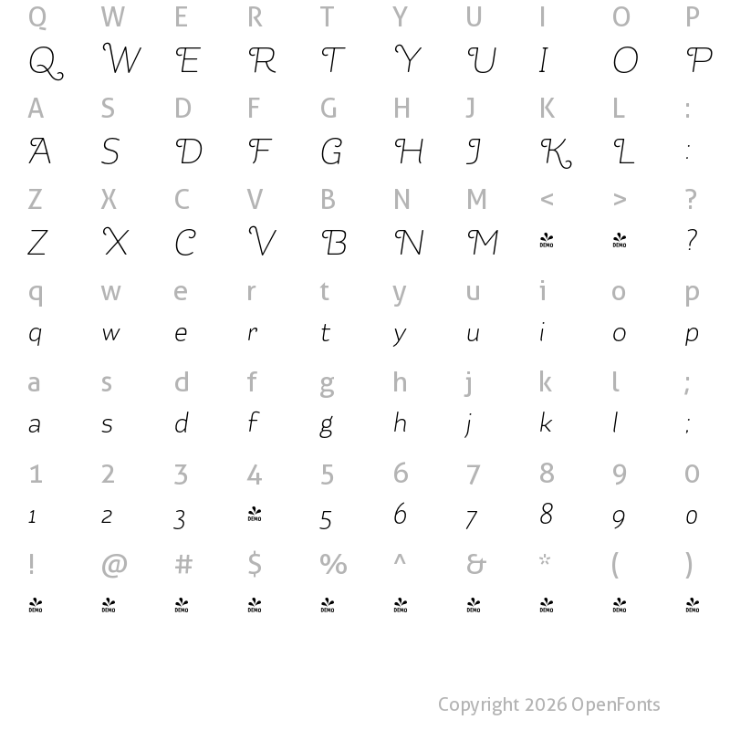 Character Map of FONTSPRING DEMO - Kahlo Rounded Medium Swash Regular Italic