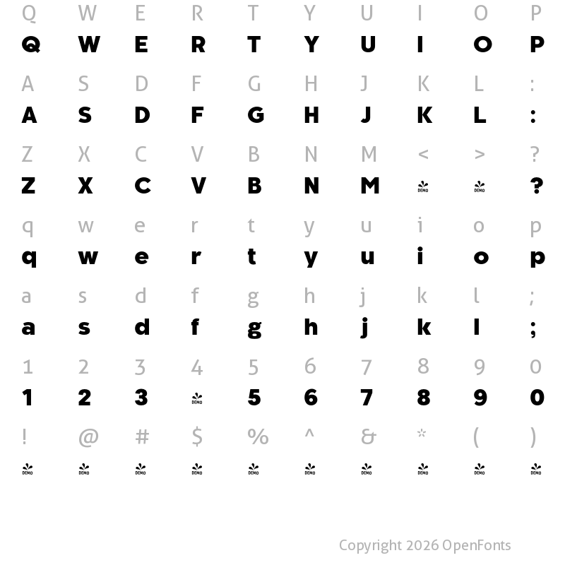 Character Map of FONTSPRING DEMO - Kaleko 205 Heavy Regular