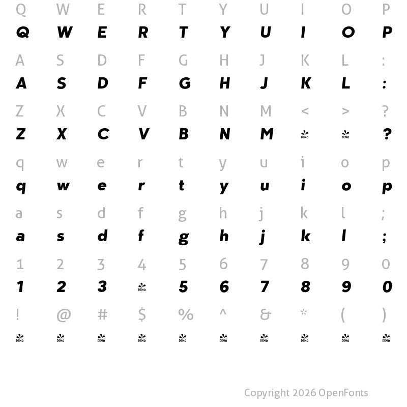 Character Map of FONTSPRING DEMO - Kaleko 205 Text Bold Italic
