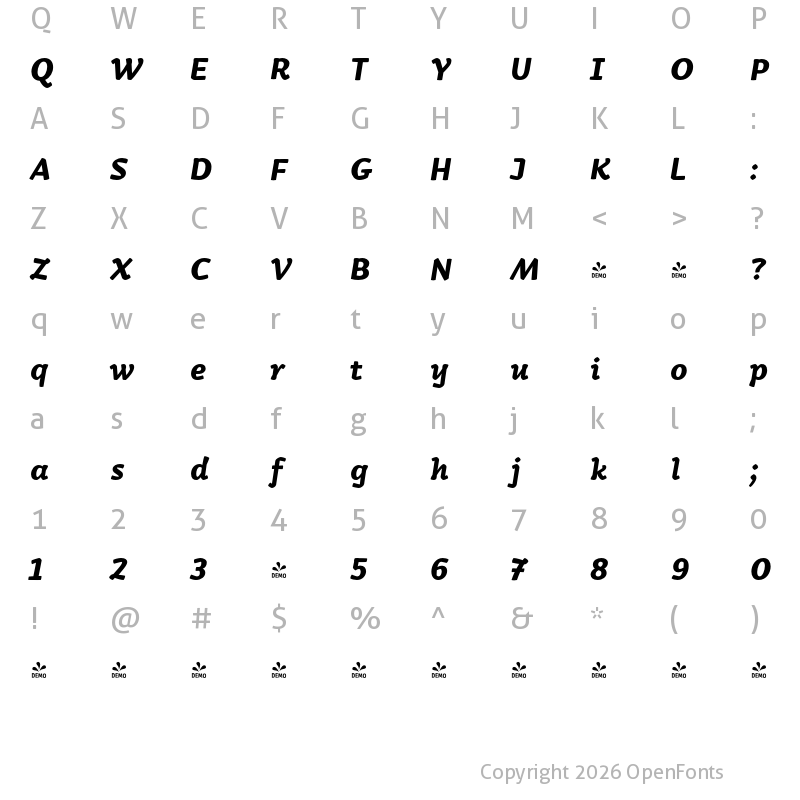 Character Map of FONTSPRING DEMO - Kamado ExtraBold Italic Regular