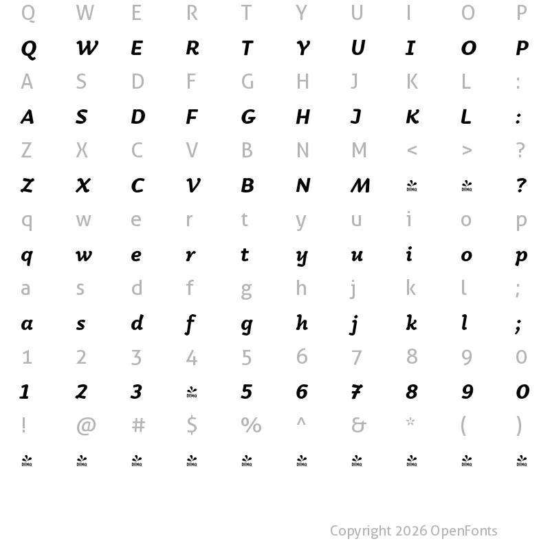 Character Map of FONTSPRING DEMO - Kamado Italic Bold
