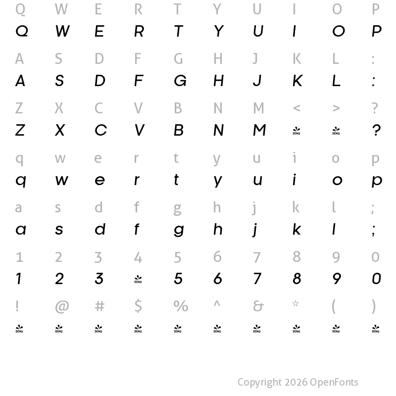 Character Map of FONTSPRING DEMO - Kamerik 105 Medium Italic