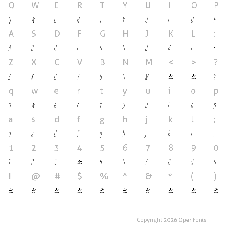 Character Map of FONTSPRING DEMO - Kaneda Gothic ExtraLight Italic