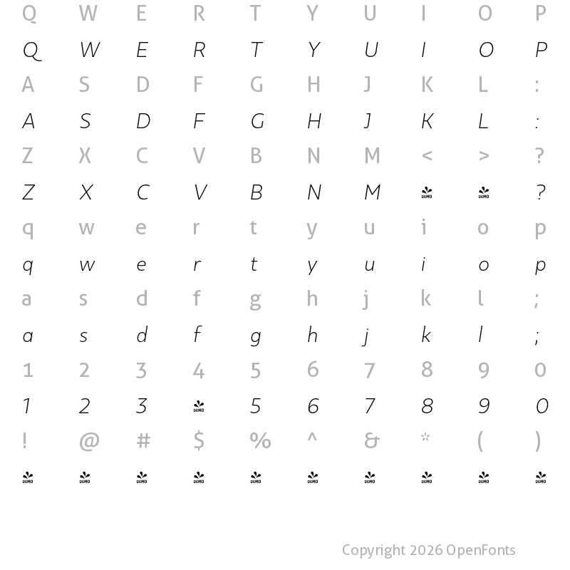 Character Map of FONTSPRING DEMO - Kappa Display Light Italic Regular