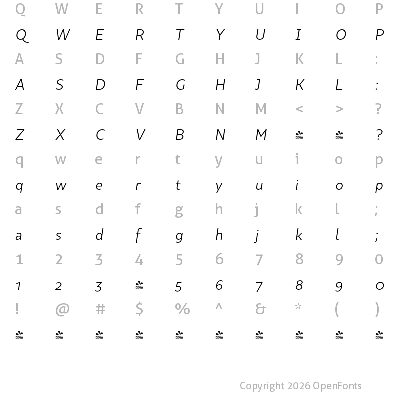 Character Map of FONTSPRING DEMO - Kappa Text Book Italic Regular