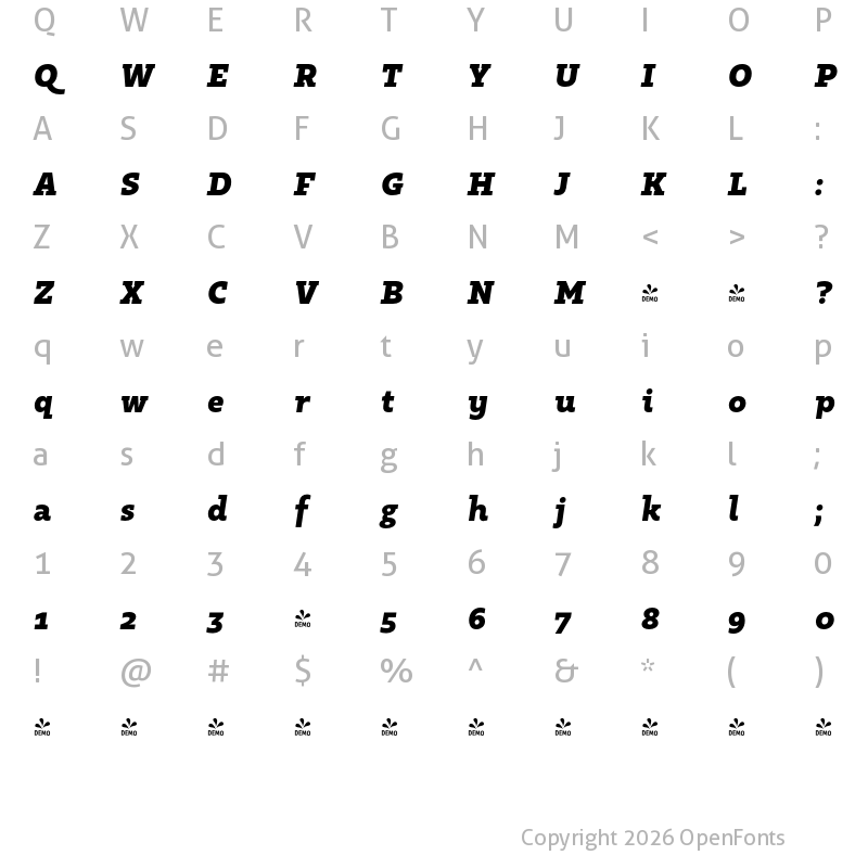 Character Map of FONTSPRING DEMO - Kappa Vol2 BlackItalic Regular