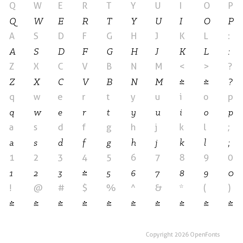 Character Map of FONTSPRING DEMO - Kappa Vol2 BookItalic Regular