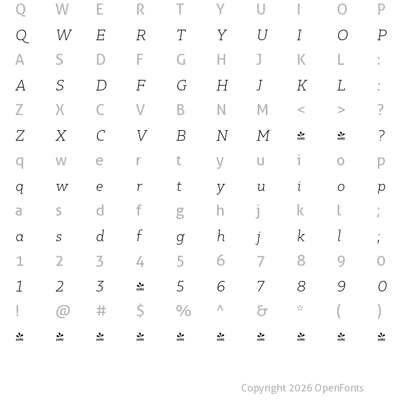 Character Map of FONTSPRING DEMO - Kappa Vol2 D LightItalic Regular
