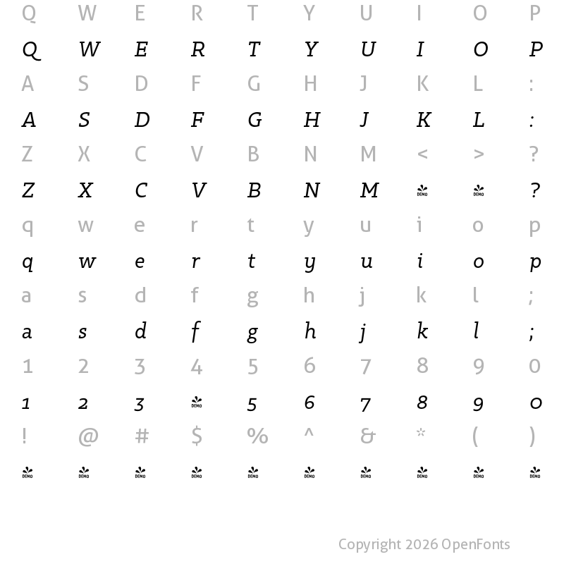 Character Map of FONTSPRING DEMO - Kappa Vol2 Italic Regular