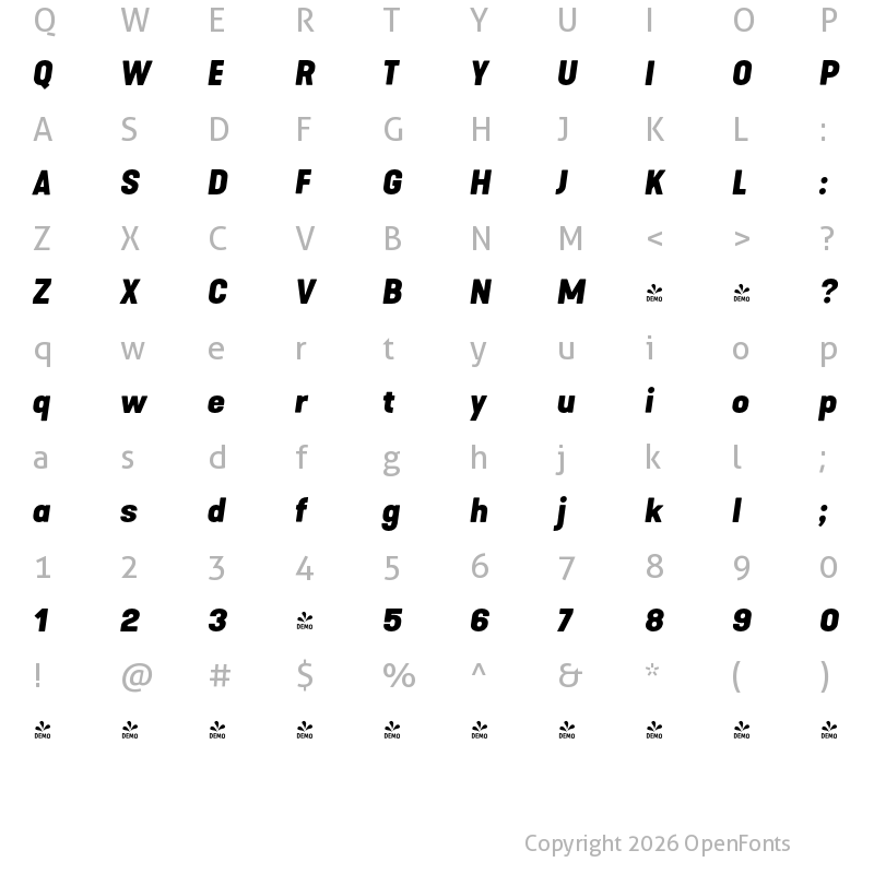 Character Map of FONTSPRING DEMO - Kapra Neue Pro Black Expanded Rounded Italic