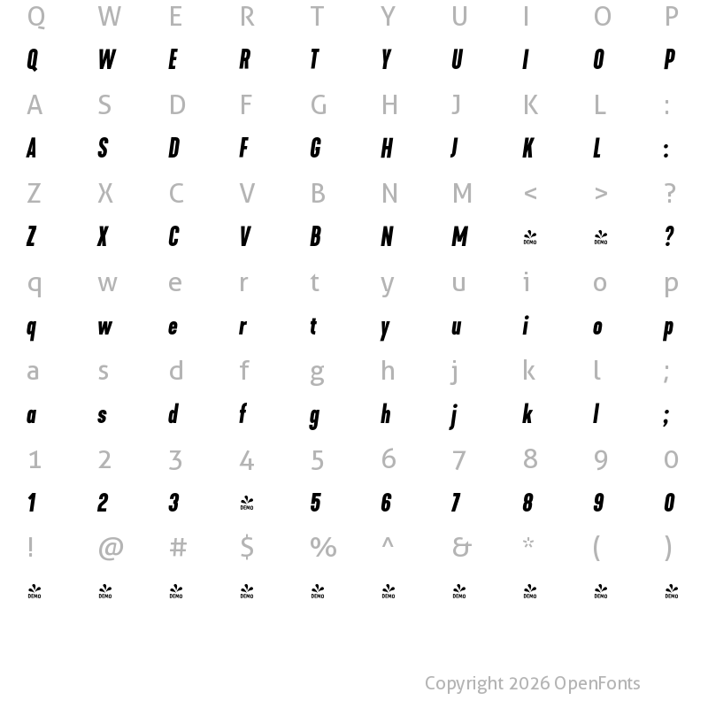 Character Map of FONTSPRING DEMO - Kapra Neue Pro Semi Bold Cond Italic