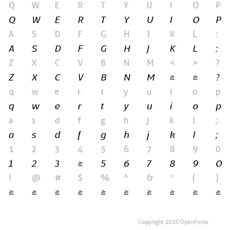 Character Map of FONTSPRING DEMO - Kareemah Kareemah Medium Italic