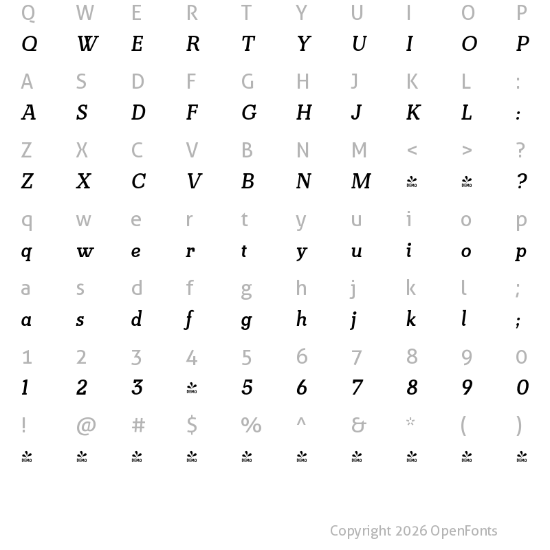 Character Map of FONTSPRING DEMO - Kate Slab Bold Italic