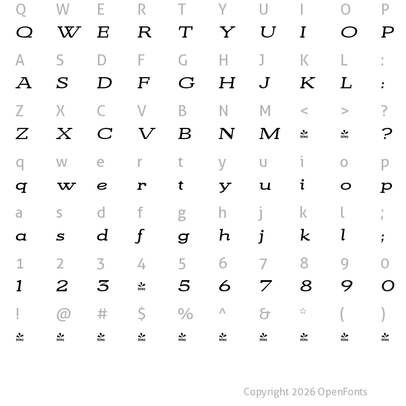 Character Map of FONTSPRING DEMO - Kate Slab Ultra Expanded Bold Italic