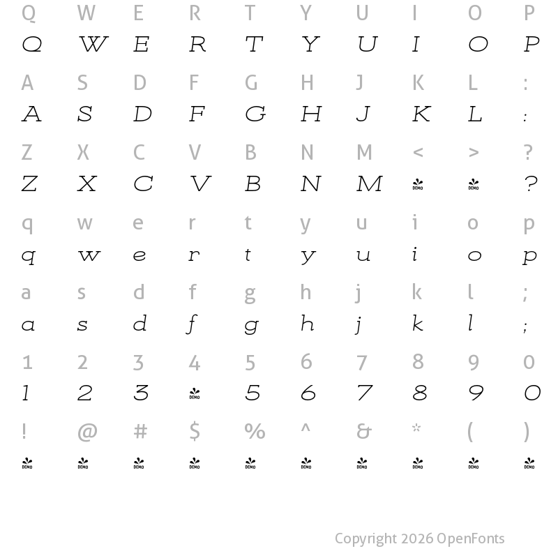 Character Map of FONTSPRING DEMO - Kate Slab Ultra Expanded Italic