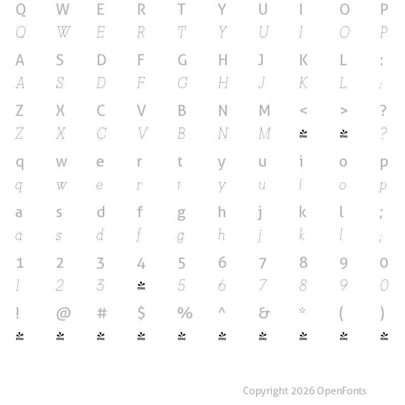 Character Map of FONTSPRING DEMO - KateSlab100ThinIt Italic