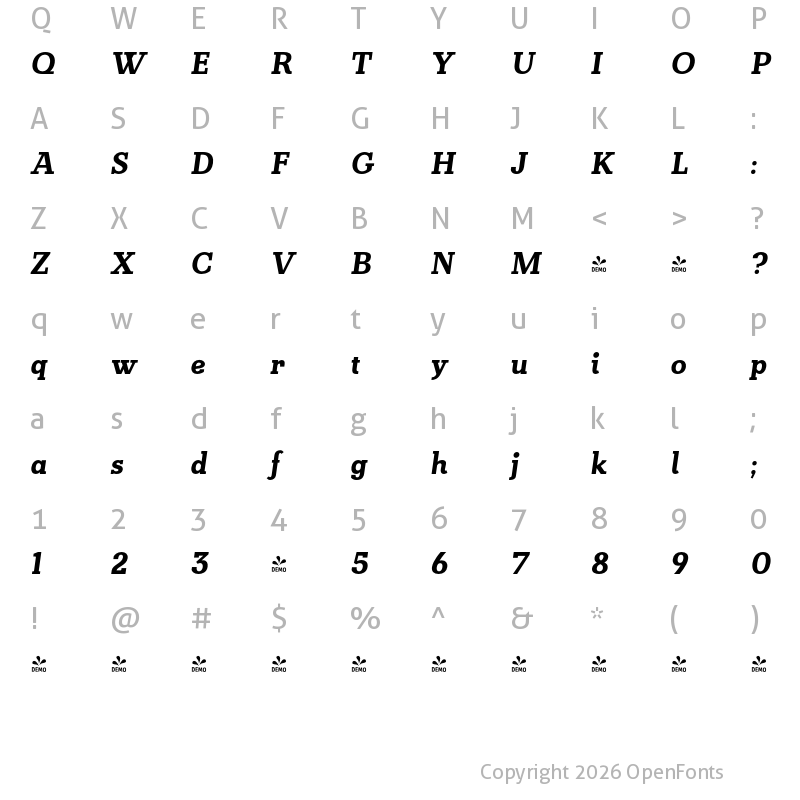 Character Map of FONTSPRING DEMO - KateSlab800ExBldIt Italic
