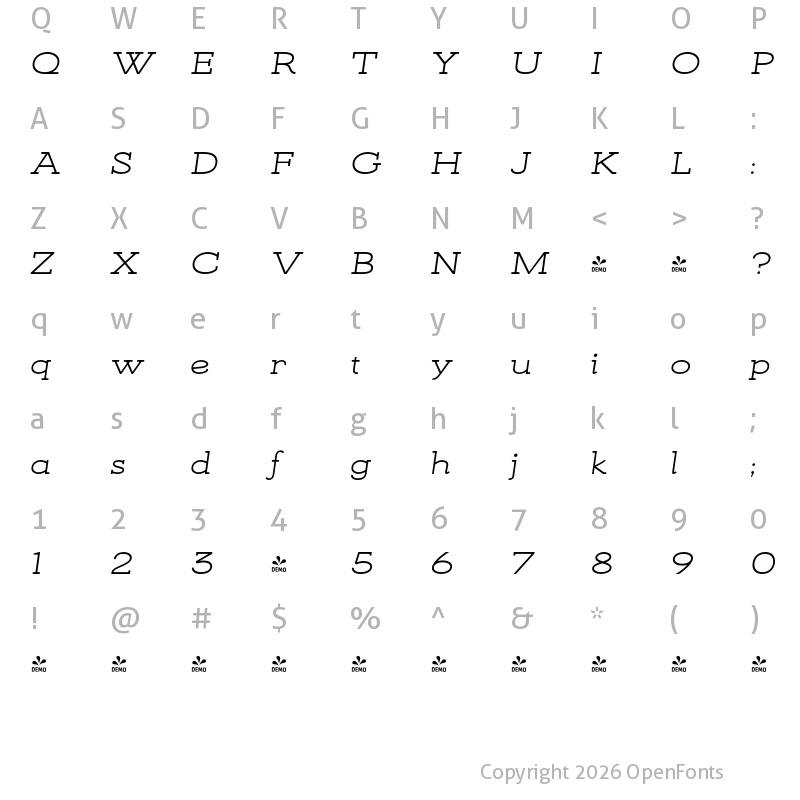 Character Map of FONTSPRING DEMO - KateSlabUltraEx500MedIt Italic