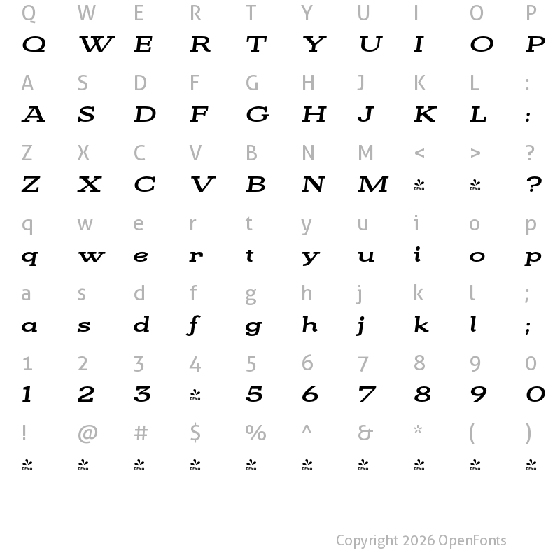 Character Map of FONTSPRING DEMO - KateSlabUltraEx800ExBldIt Italic