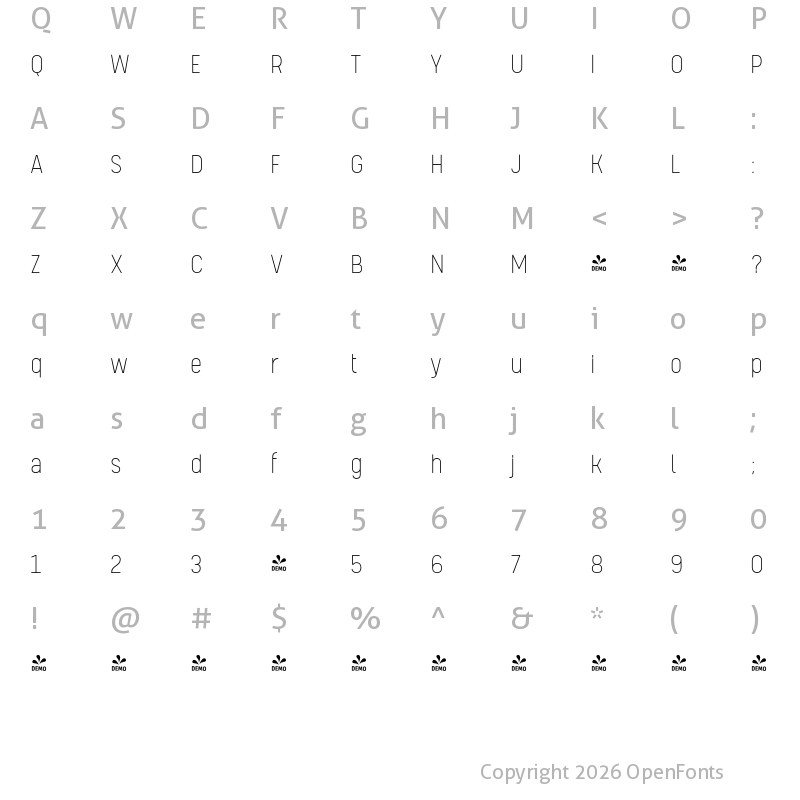 Character Map of FONTSPRING DEMO - Kelpt Sans B1 ExtraLight Regular