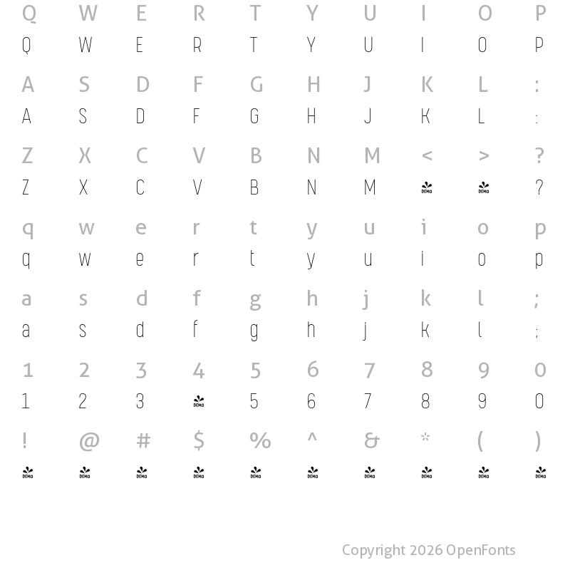Character Map of FONTSPRING DEMO - Kelpt Sans B2 ExtraLight Regular