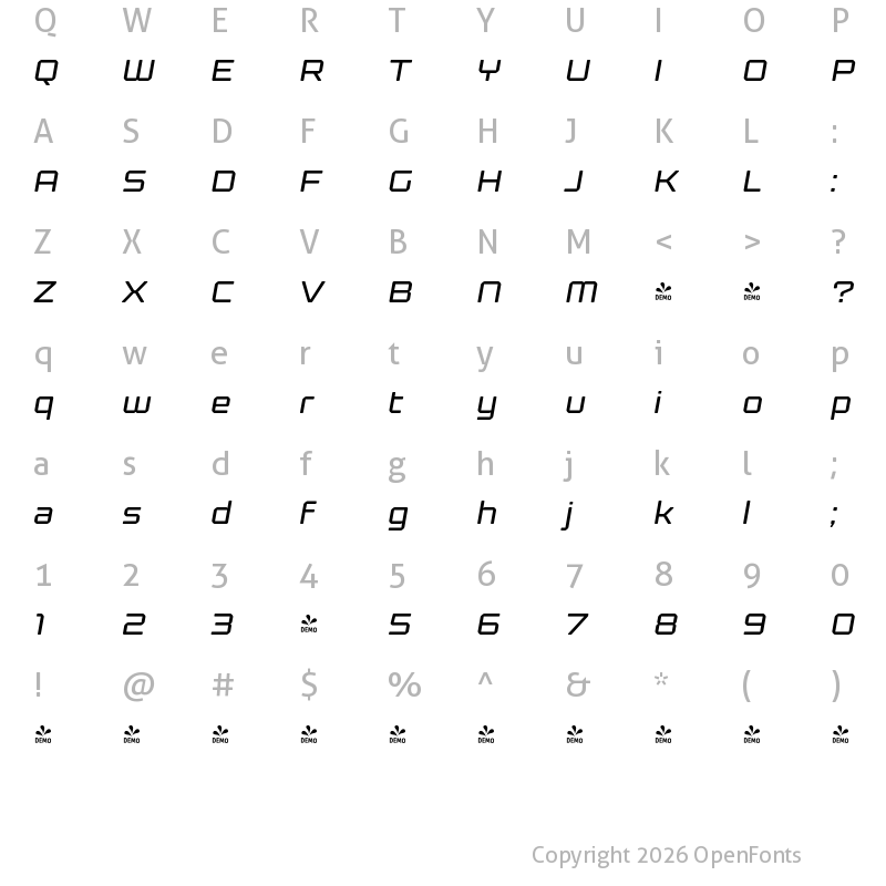 Character Map of FONTSPRING DEMO - Kernel Italic