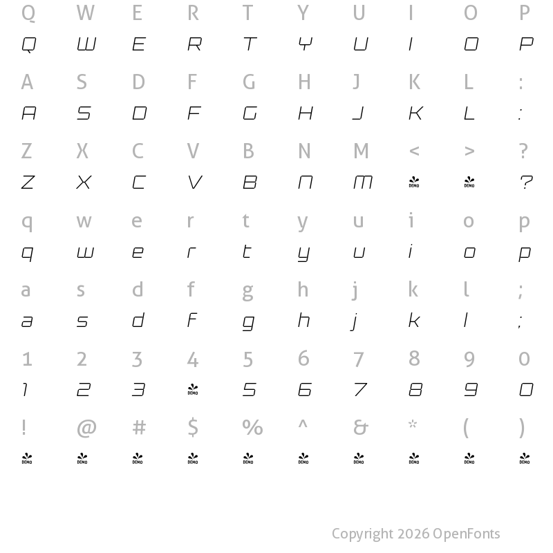 Character Map of FONTSPRING DEMO - Kernel Thin Italic