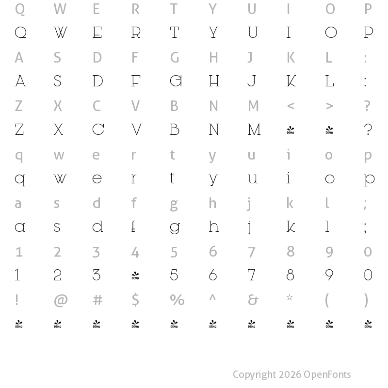 Character Map of FONTSPRING DEMO - Kettering 205 Light Regular