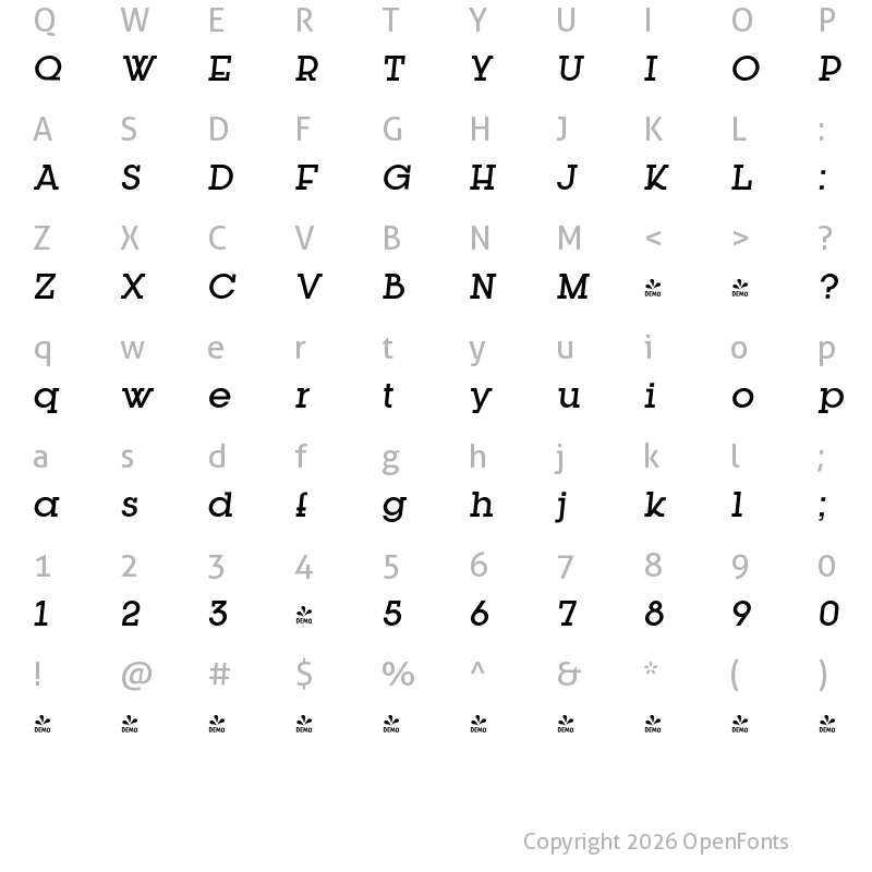 Character Map of FONTSPRING DEMO - Kettering 205 Medium Italic