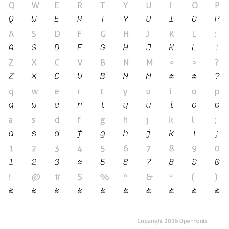 Character Map of FONTSPRING DEMO - Ki Light Italic