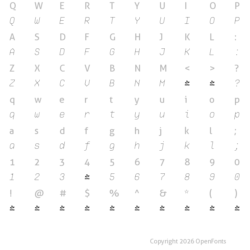 Character Map of FONTSPRING DEMO - Ki Thin Italic