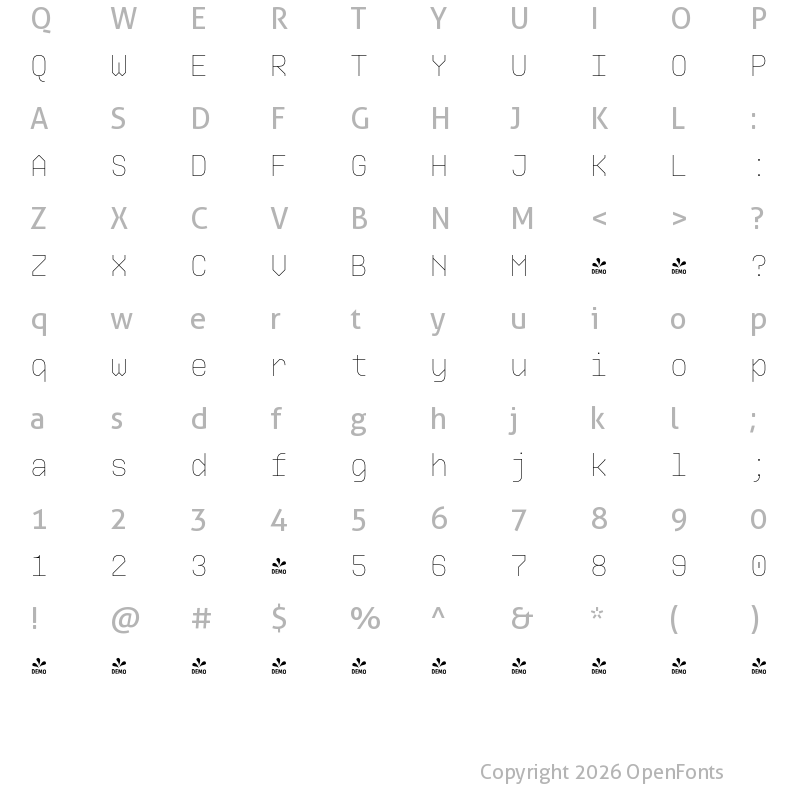 Character Map of FONTSPRING DEMO - Ki Thin Regular