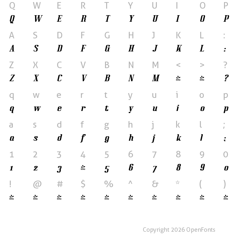 Character Map of FONTSPRING DEMO - Kimbo Black Italic