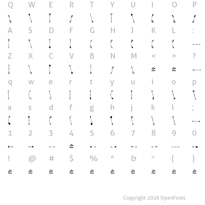 Character Map of FONTSPRING DEMO - Kinfolk Pro Arrows Arrows