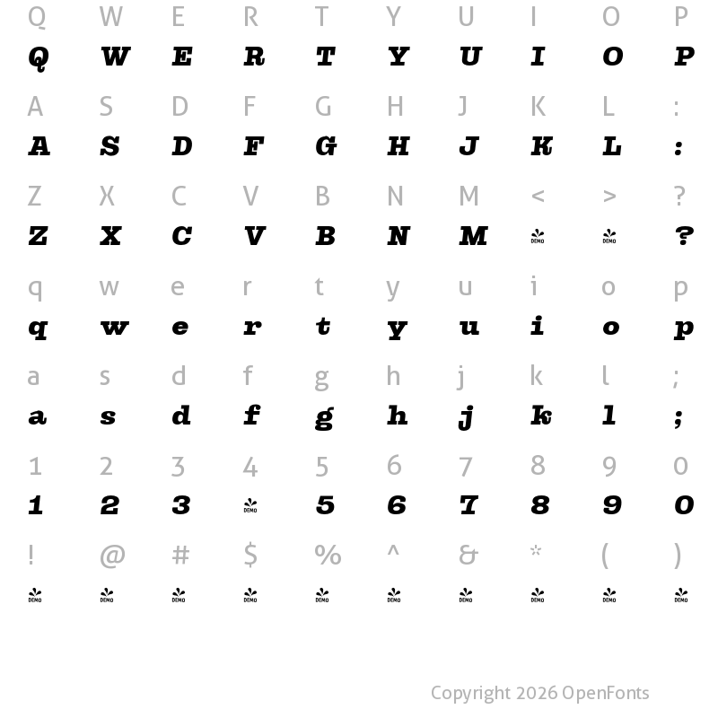 Character Map of FONTSPRING DEMO - Kinghorn 105 Heavy Italic