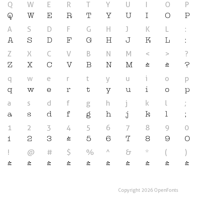 Character Map of FONTSPRING DEMO - Kinghorn 105 Thin Regular