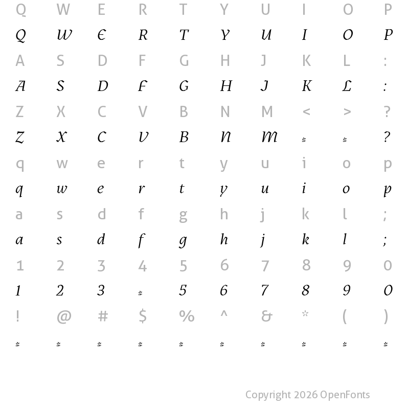 Character Map of FONTSPRING DEMO - Kitsch Italic