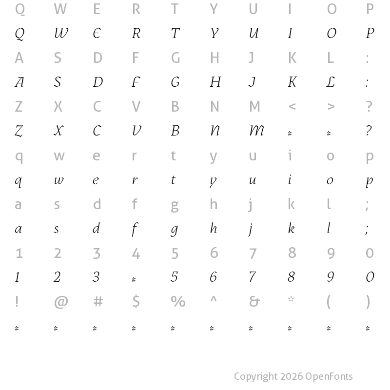 Character Map of FONTSPRING DEMO - Kitsch Light Italic