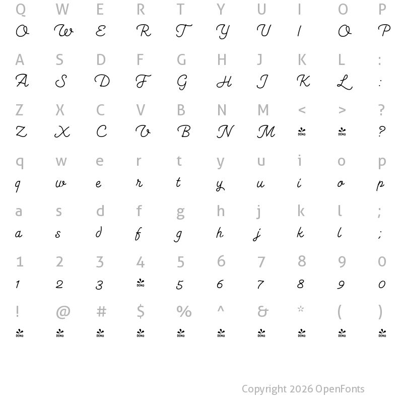 Character Map of FONTSPRING DEMO - Kitten Swash Monoline Regular