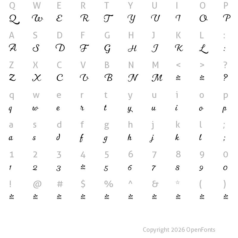 Character Map of FONTSPRING DEMO - Kitten Swash Thin Regular