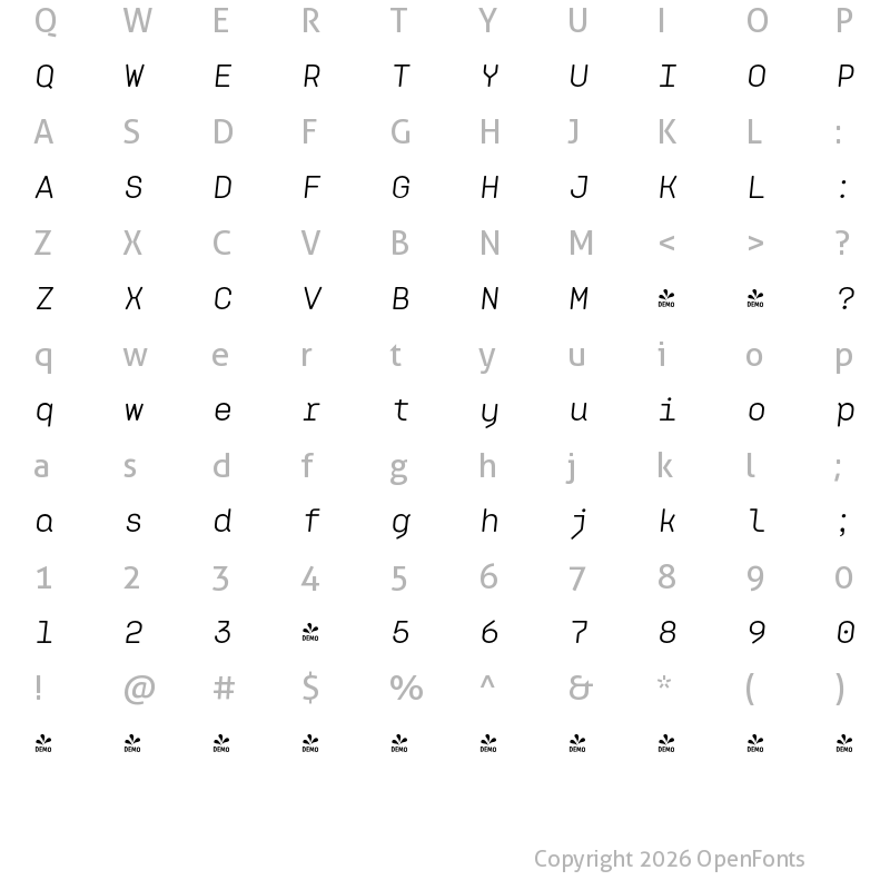 Character Map of FONTSPRING DEMO - Klamp 105 Mono Italic