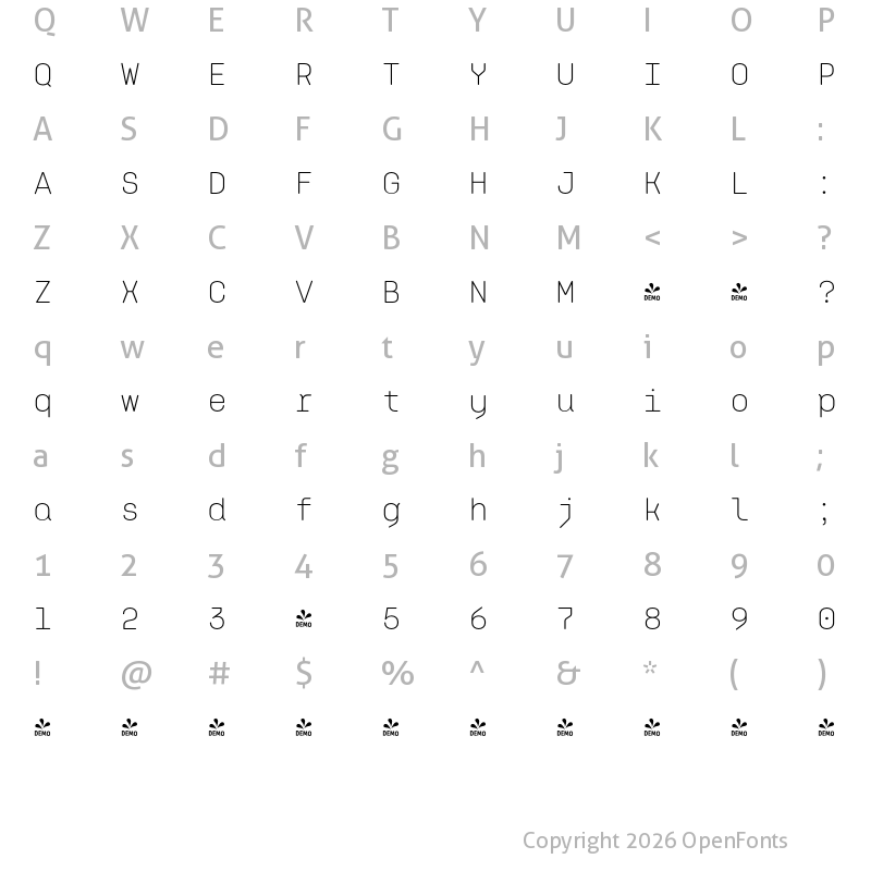 Character Map of FONTSPRING DEMO - Klamp 105 Mono Light Regular