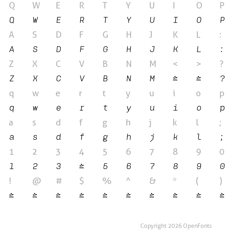 Character Map of FONTSPRING DEMO - Klamp 205 Mono Italic