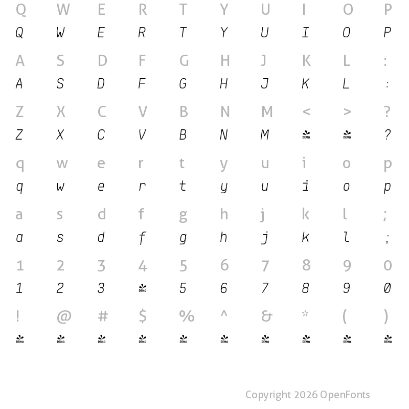 Character Map of FONTSPRING DEMO - Klartext Mono Light Italic