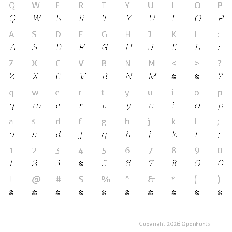 Character Map of FONTSPRING DEMO - Klaud Light Italic Regular