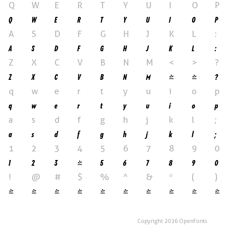 Character Map of FONTSPRING DEMO - Klik Bold Condensed Italic Regular
