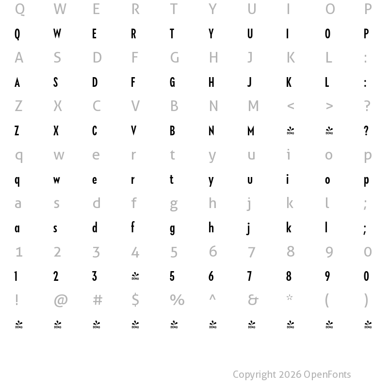 Character Map of FONTSPRING DEMO - Klik Medium Condensed Regular