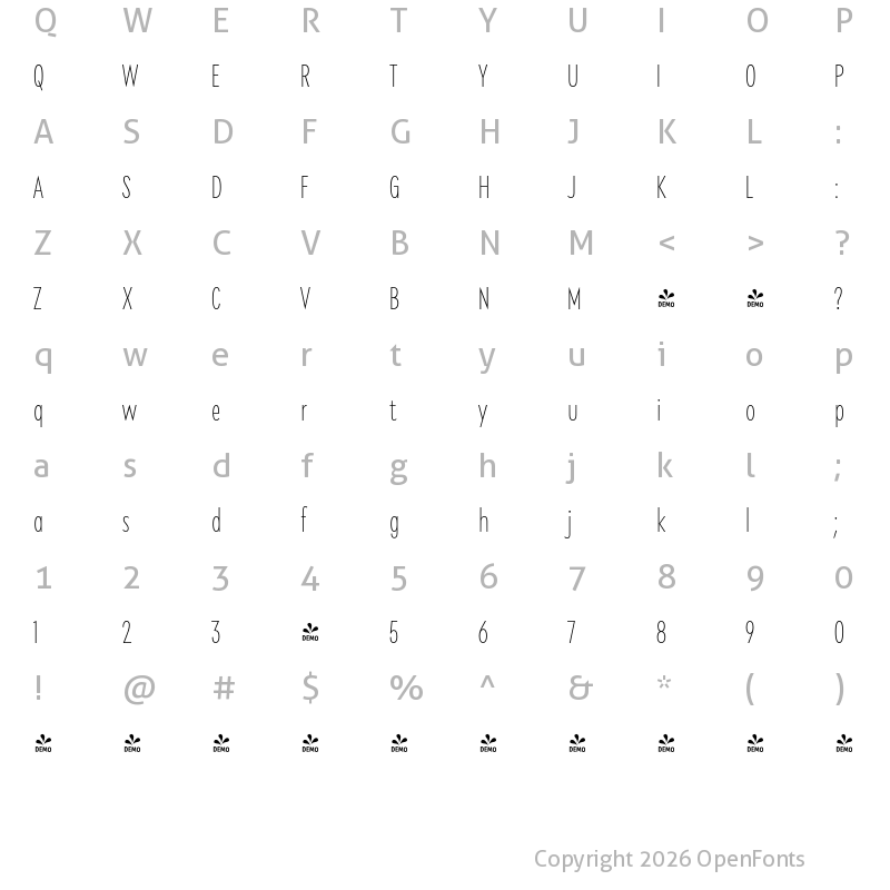 Character Map of FONTSPRING DEMO - Klik Thin Condensed Regular