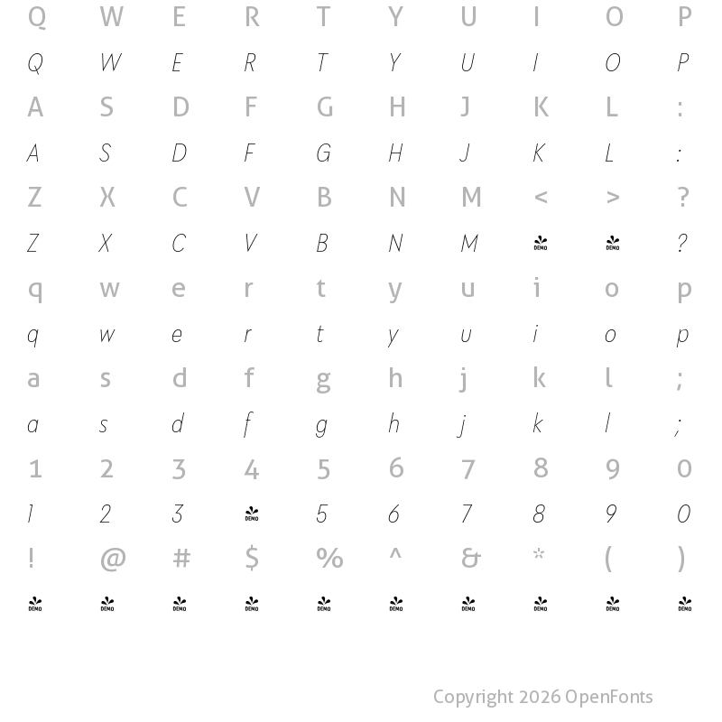 Character Map of FONTSPRING DEMO - Klik Thin Narrow Italic Regular