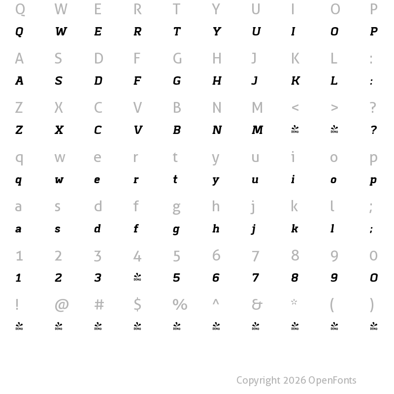 Character Map of FONTSPRING DEMO - Klimt Organic Bold Oblique Regular